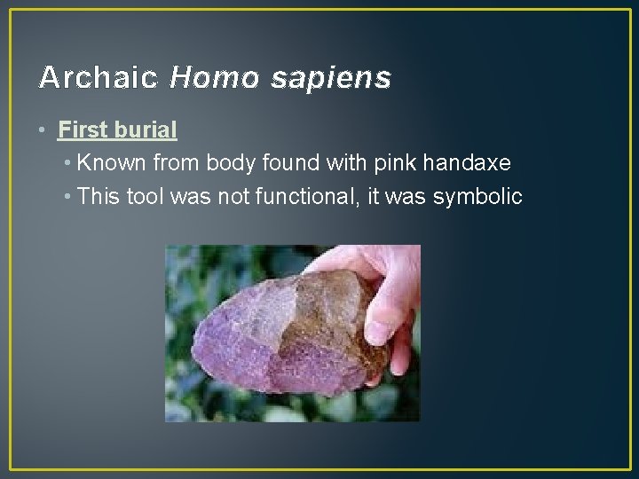 Archaic Homo sapiens • First burial • Known from body found with pink handaxe