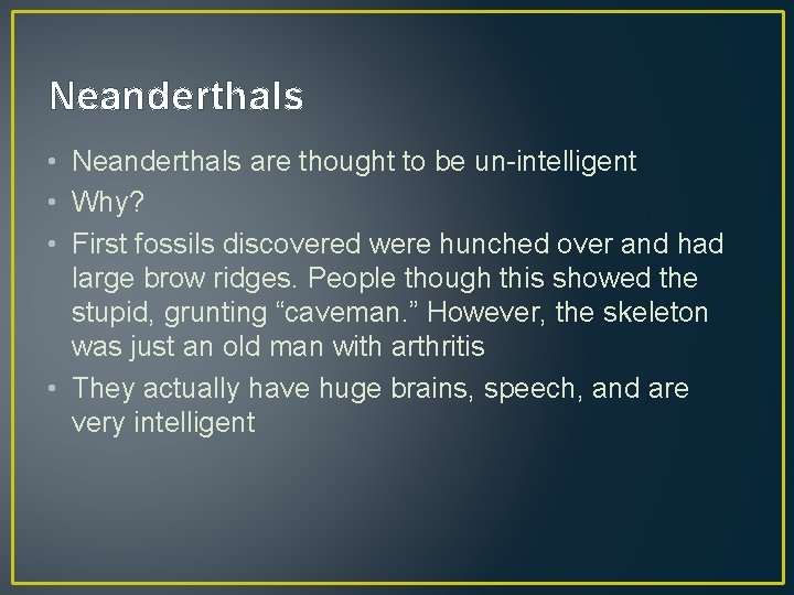 Neanderthals • Neanderthals are thought to be un-intelligent • Why? • First fossils discovered