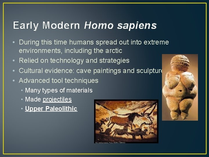 Early Modern Homo sapiens • During this time humans spread out into extreme environments,