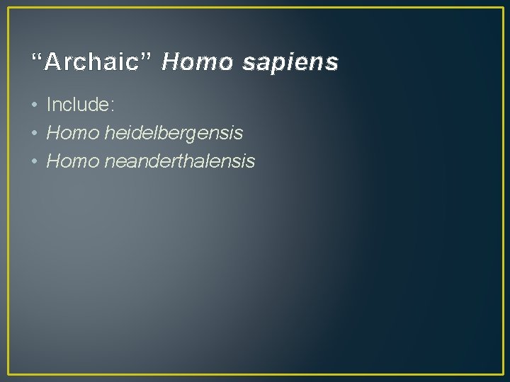 “Archaic” Homo sapiens • Include: • Homo heidelbergensis • Homo neanderthalensis 