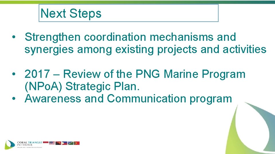 Next Steps • Strengthen coordination mechanisms and synergies among existing projects and activities •