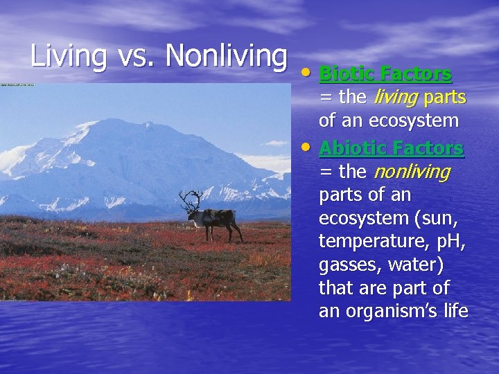 Living vs. Nonliving • Biotic Factors • = the living parts of an ecosystem
