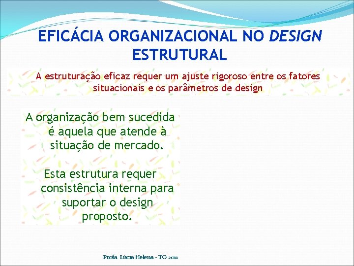 EFICÁCIA ORGANIZACIONAL NO DESIGN ESTRUTURAL A estruturação eficaz requer um ajuste rigoroso entre os