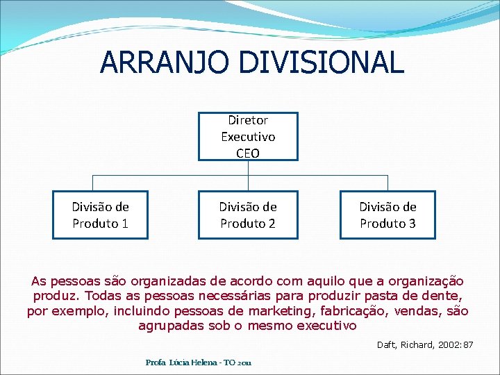 ARRANJO DIVISIONAL Diretor Executivo CEO Divisão de Produto 1 Divisão de Produto 2 Divisão