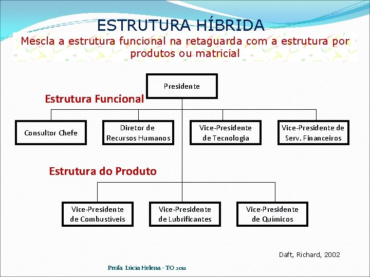 ESTRUTURA HÍBRIDA Mescla a estrutura funcional na retaguarda com a estrutura por produtos ou