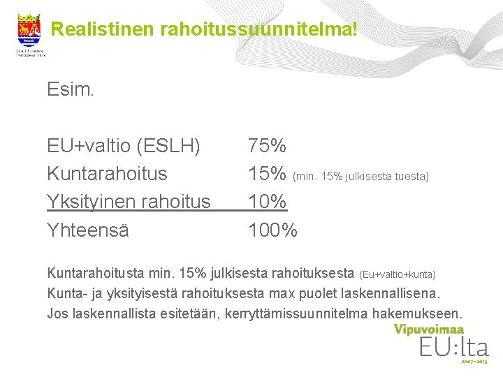 Realistinen rahoitussuunnitelma! Esim. EU+valtio (ESLH) Kuntarahoitus Yksityinen rahoitus Yhteensä 75% 15% (min. 15% julkisesta Realistinen rahoitussuunnitelma! Esim. EU+valtio (ESLH) Kuntarahoitus Yksityinen rahoitus Yhteensä 75% 15% (min. 15% julkisesta