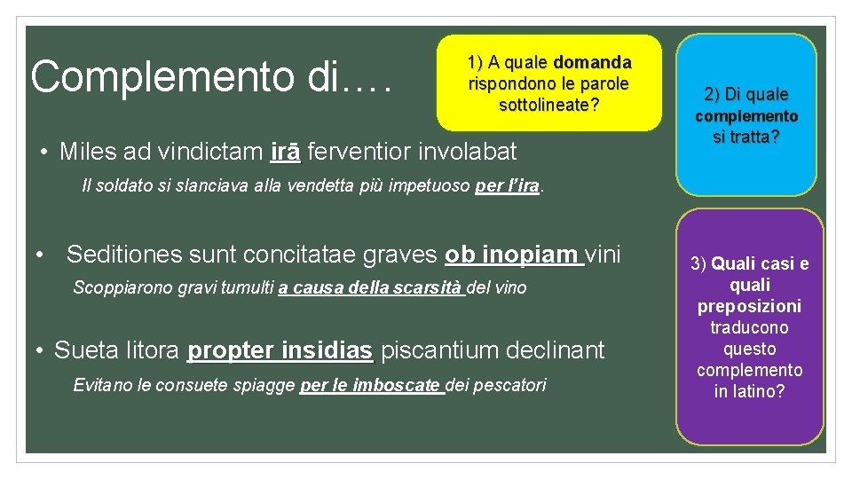 Complemento di…. 1) A quale domanda rispondono le parole sottolineate? • Miles ad vindictam