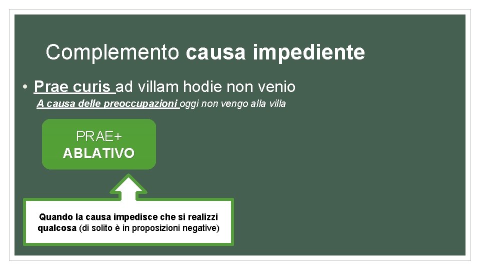 Complemento causa impediente • Prae curis ad villam hodie non venio A causa delle