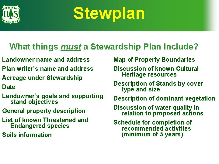 Stewplan What things must a Stewardship Plan Include? Landowner name and address Plan writer’s