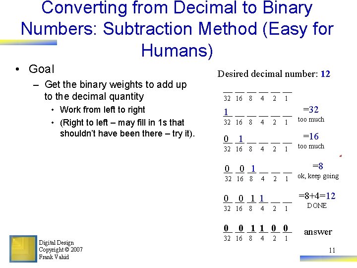 Converting from Decimal to Binary Numbers: Subtraction Method (Easy for Humans) • Goal –
