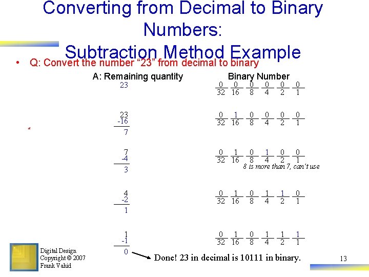  • Converting from Decimal to Binary Numbers: Subtraction Method Example Q: Convert the