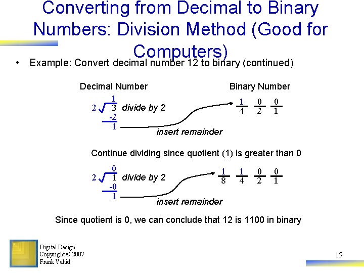  • Converting from Decimal to Binary Numbers: Division Method (Good for Computers) Example: