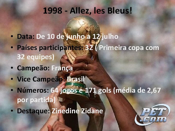 1998 - Allez, les Bleus! • Data: De 10 de junho a 12 julho