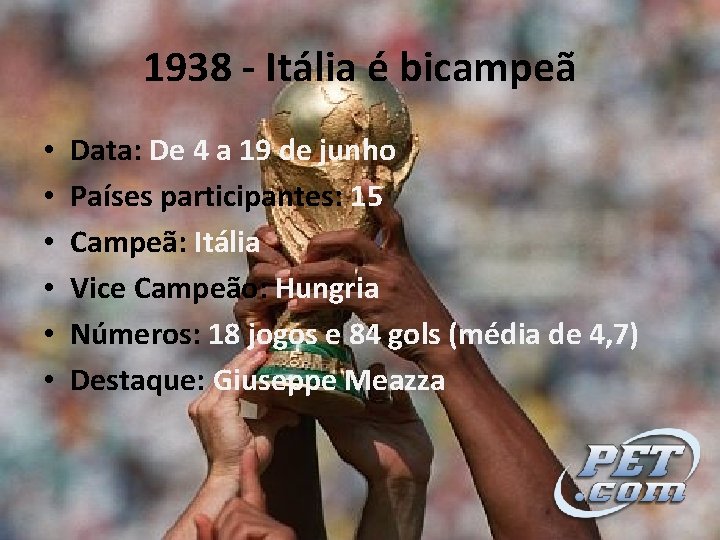 1938 - Itália é bicampeã • • • Data: De 4 a 19 de