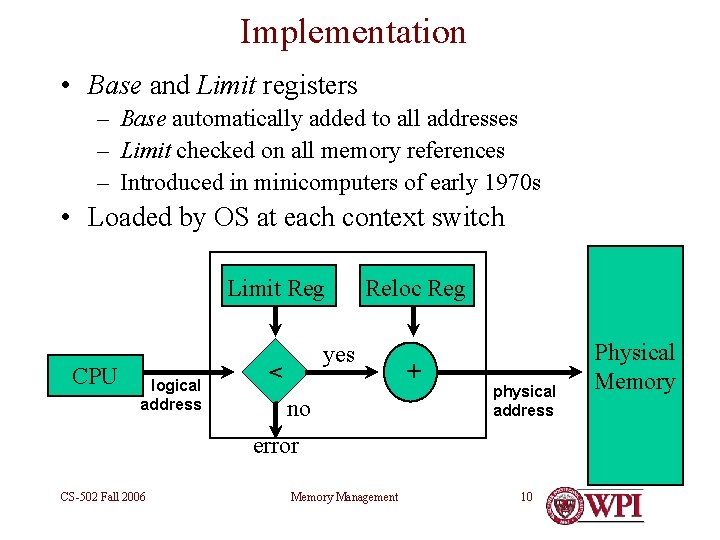 Implementation • Base and Limit registers – Base automatically added to all addresses –