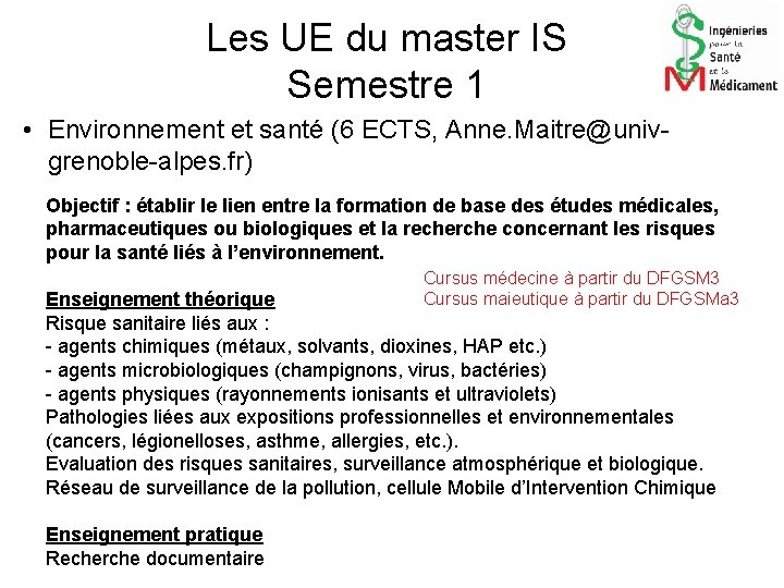 Les UE du master IS Semestre 1 • Environnement et santé (6 ECTS, Anne.