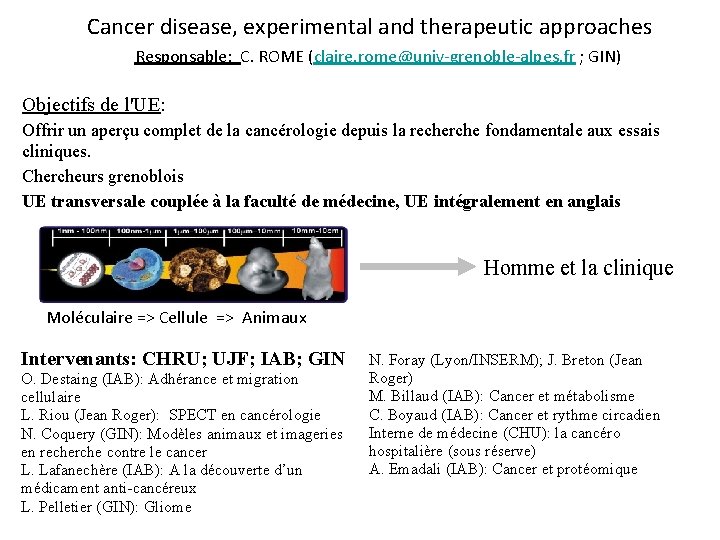 Cancer disease, experimental and therapeutic approaches Responsable: C. ROME (claire. rome@univ-grenoble-alpes. fr ; GIN)