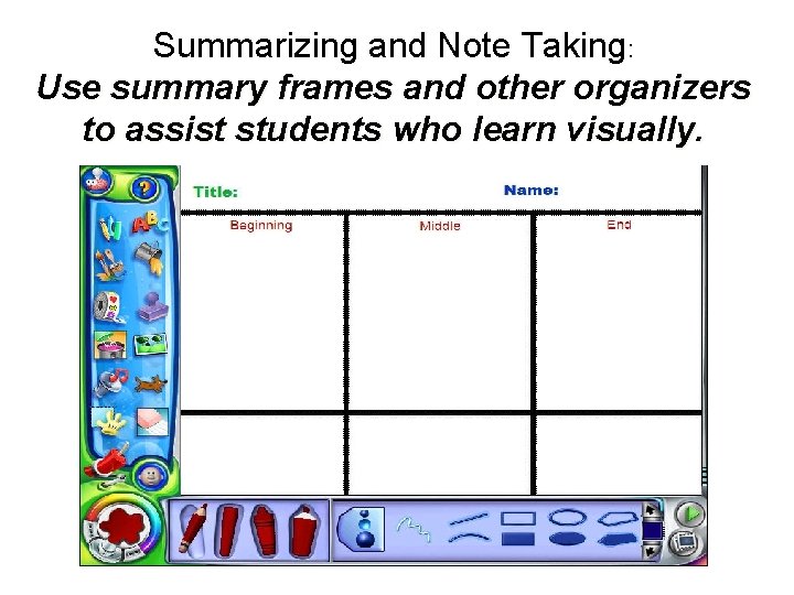 Summarizing and Note Taking: Use summary frames and other organizers to assist students who