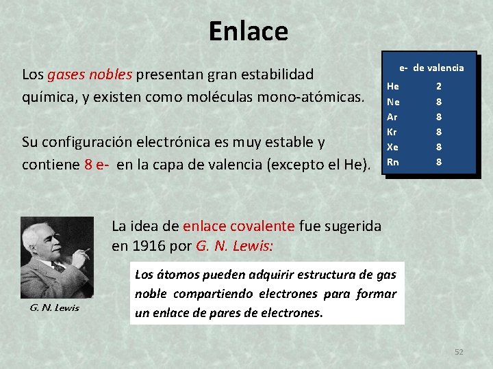 Enlace Los gases nobles presentan gran estabilidad química, y existen como moléculas mono-atómicas. Su