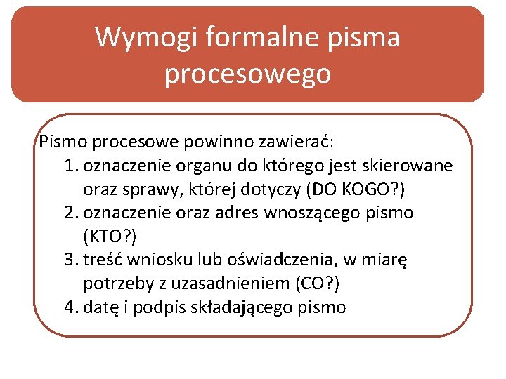 Wymogi formalne pisma procesowego Pismo procesowe powinno zawierać: 1. oznaczenie organu do którego jest