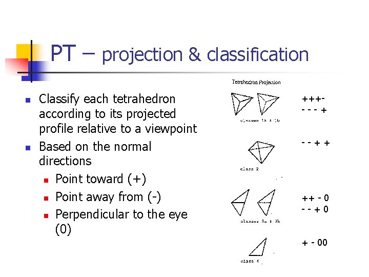 PT – projection & classification n n Classify each tetrahedron according to its projected