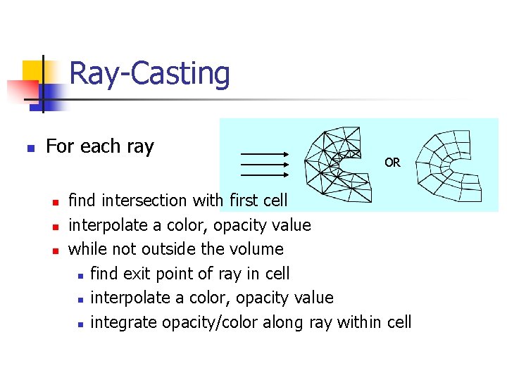 Ray-Casting n For each ray n n n OR find intersection with first cell