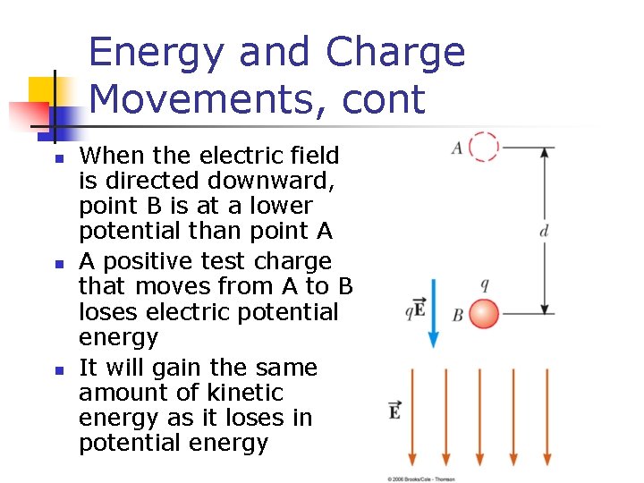 Energy and Charge Movements, cont n n n When the electric field is directed