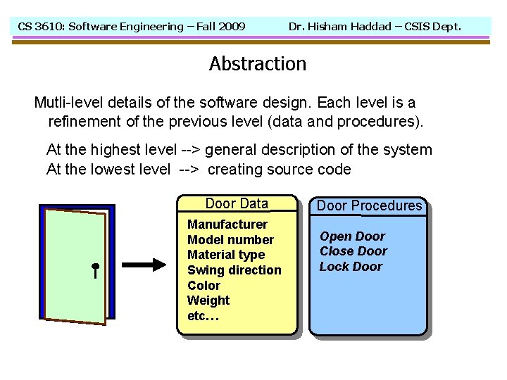 CS 3610: Software Engineering – Fall 2009 Dr. Hisham Haddad – CSIS Dept. Abstraction