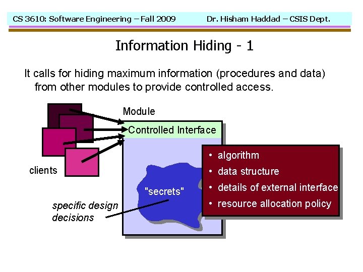 CS 3610: Software Engineering – Fall 2009 Dr. Hisham Haddad – CSIS Dept. Information