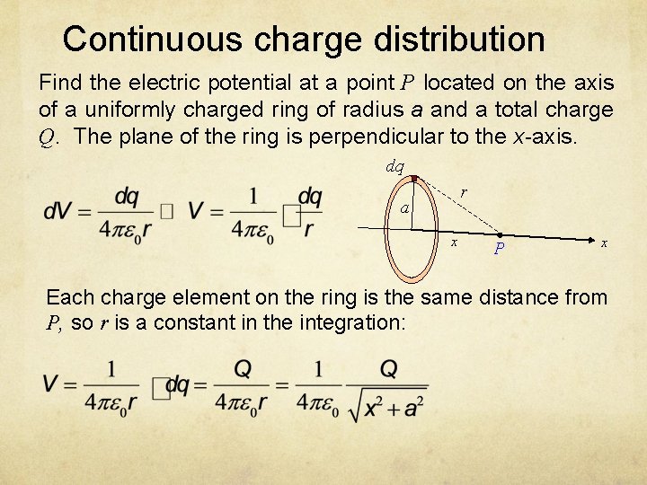 Continuous charge distribution Find the electric potential at a point P located on the