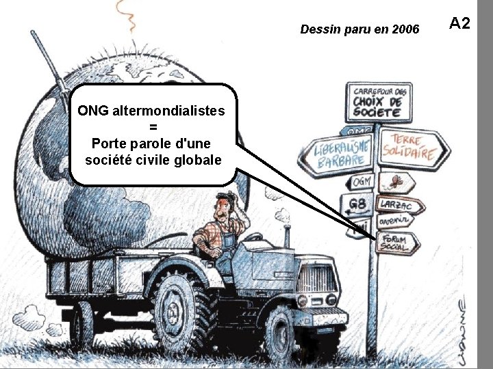 Dessin paru en 2006 ONG altermondialistes = Porte parole d'une société civile globale A