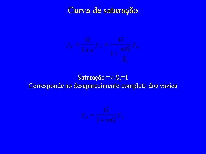 Curva de saturação Saturação => Sr=1 Corresponde ao desaparecimento completo dos vazios 