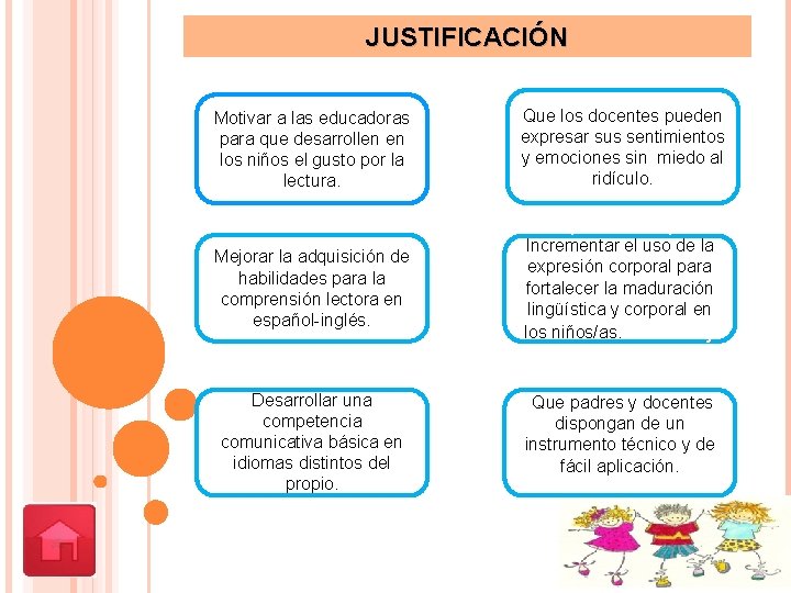 JUSTIFICACIÓN Motivar a las educadoras para que desarrollen en los niños el gusto por