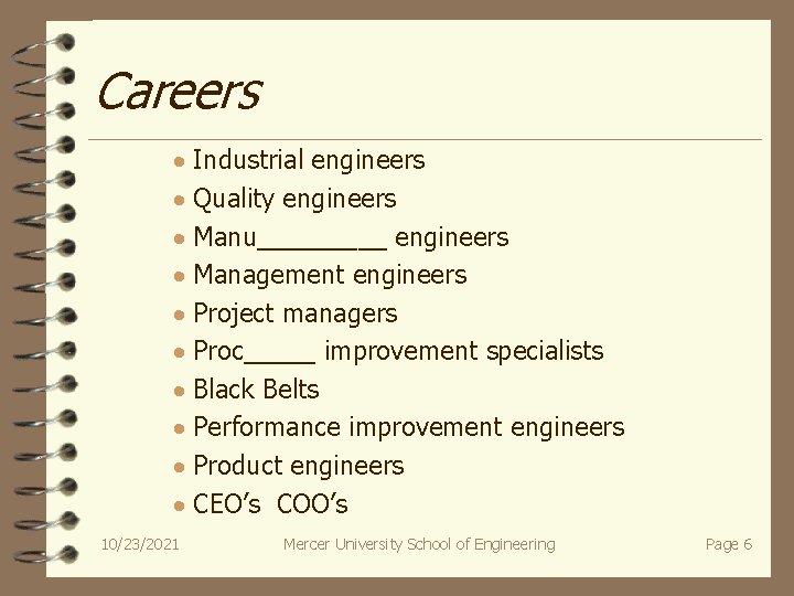 Careers · Industrial engineers · Quality engineers · Manu_____ engineers · Management engineers ·