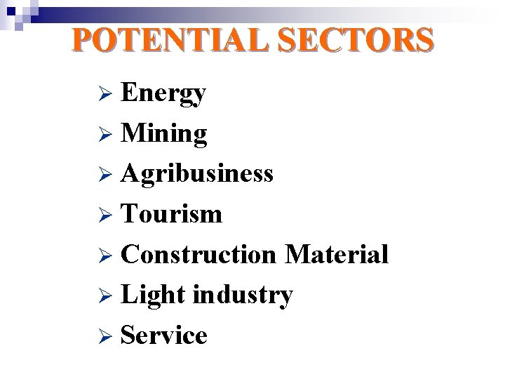 POTENTIAL SECTORS Ø Energy Ø Mining Ø Agribusiness Ø Tourism Ø Construction Material Ø