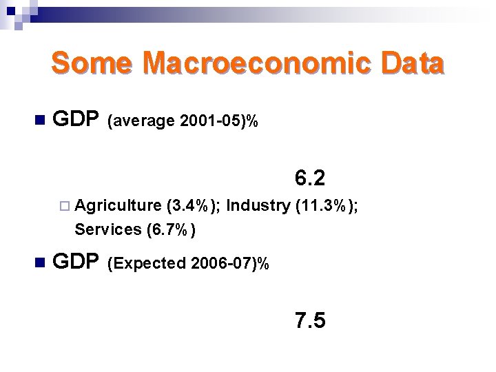 Some Macroeconomic Data n GDP (average 2001 -05)% 6. 2 ¨ Agriculture (3. 4%);