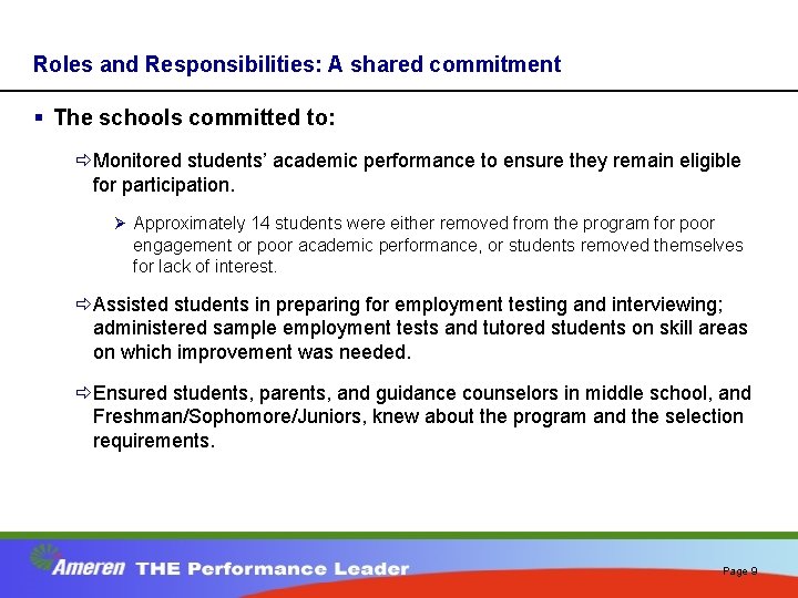 Roles and Responsibilities: A shared commitment § The schools committed to: ðMonitored students’ academic