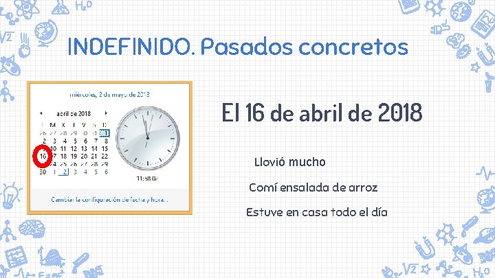 INDEFINIDO. Pasados concretos El 16 de abril de 2018 Llovió mucho Comí ensalada de