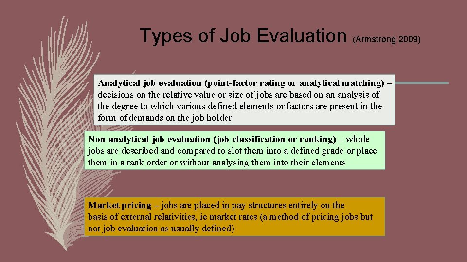 Types of Job Evaluation (Armstrong 2009) Analytical job evaluation (point-factor rating or analytical matching)