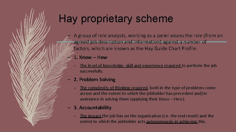 Hay proprietary scheme – A group of role analysts, working as a panel assess