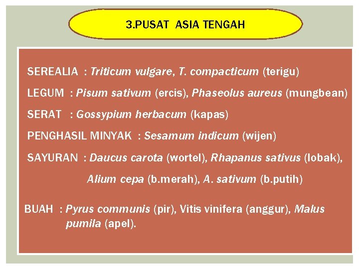 3. PUSAT ASIA TENGAH SEREALIA : Triticum vulgare, T. compacticum (terigu) LEGUM : Pisum