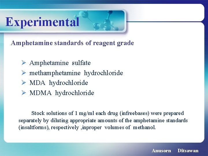 Experimental Amphetamine standards of reagent grade Ø Ø Amphetamine sulfate methamphetamine hydrochloride MDA hydrochloride
