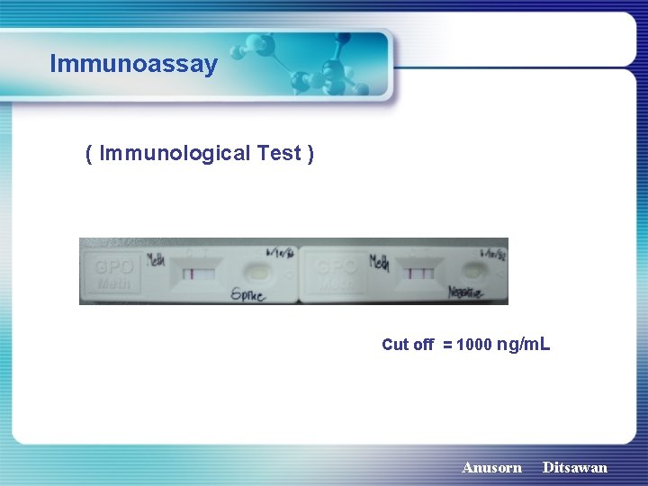 Immunoassay ( Immunological Test ) Cut off = 1000 ng/m. L Anusorn Ditsawan 