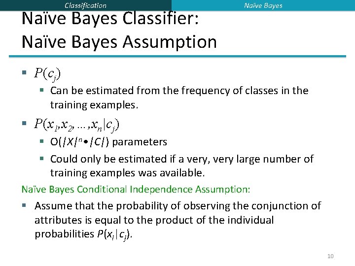 Classification Naïve Bayes Classifier: Naïve Bayes Assumption Naïve Bayes § P(cj) § Can be