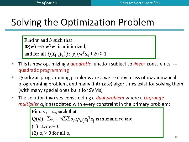 Classification Support Vector Machine Solving the Optimization Problem Find w and b such that