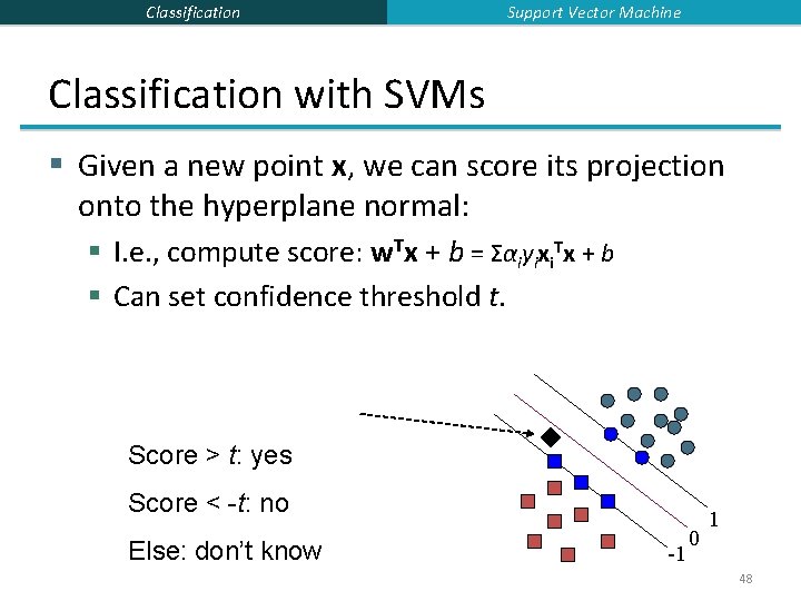 Classification Support Vector Machine Classification with SVMs § Given a new point x, we