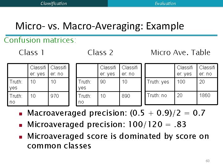 Evaluation Classification Micro- vs. Macro-Averaging: Example Confusion matrices: Class 1 Class 2 Classifi er: