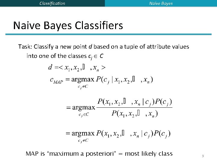 Classification Naïve Bayes Naive Bayes Classifiers Task: Classify a new point d based on