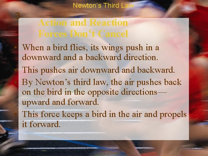 Newton’s Third Law 3 Action and Reaction Forces Don’t Cancel • When a bird