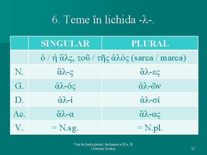 6. Teme în lichida -λ-. SINGULAR PLURAL ὁ / ἡ ἅλς, τοῦ / τῆς